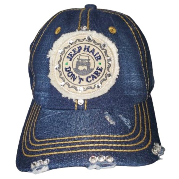 Jeep Hair Don't Care Denim Distressed Fitted Baseball Cap with Swarovski Crystal - Picture 1 of 5